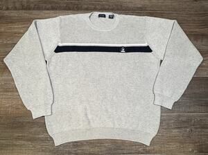 IZOD Sweater Mens XL Gray Navy Stripe 100% Cotton Crew Neck Ribbed Knit